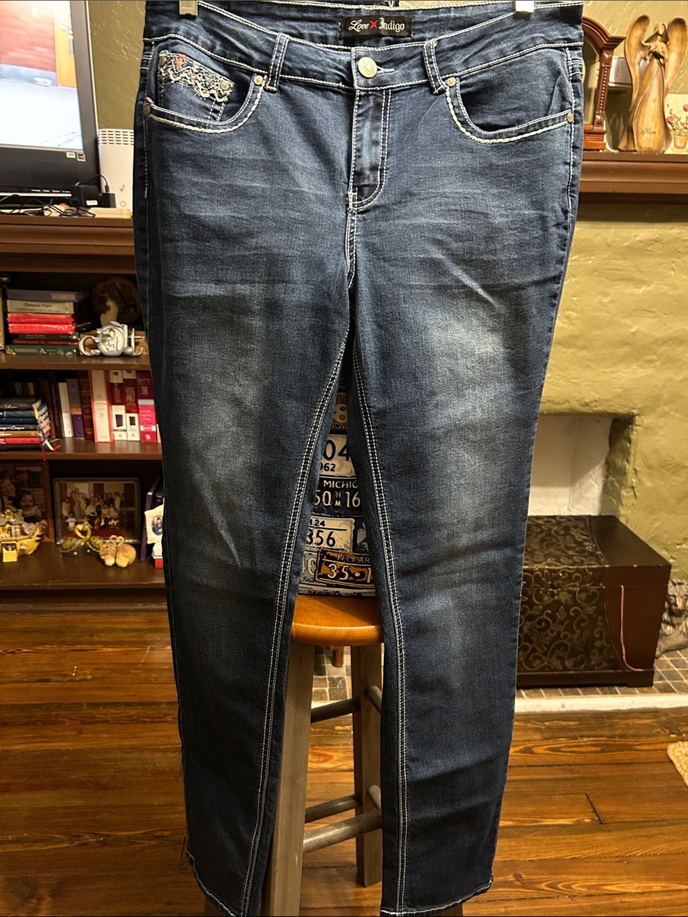Love Indigo Dark Blue Denim Jeans with Contrast Stitching